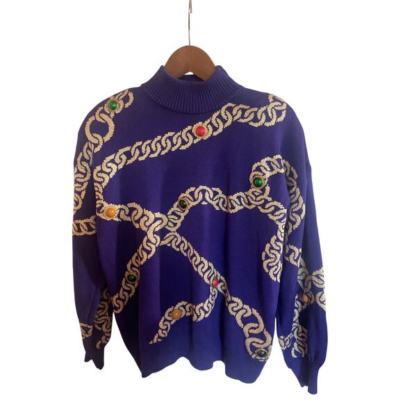 EXCELLENT COND Vintage ST JOHN Purple Sweater w Gold Chain Embellished Gem S 80s - Picture 1 of 7